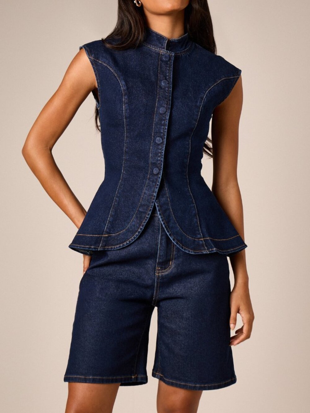 Blue Elegant Women's Denim Cap Sleeve Peplum Hem Top